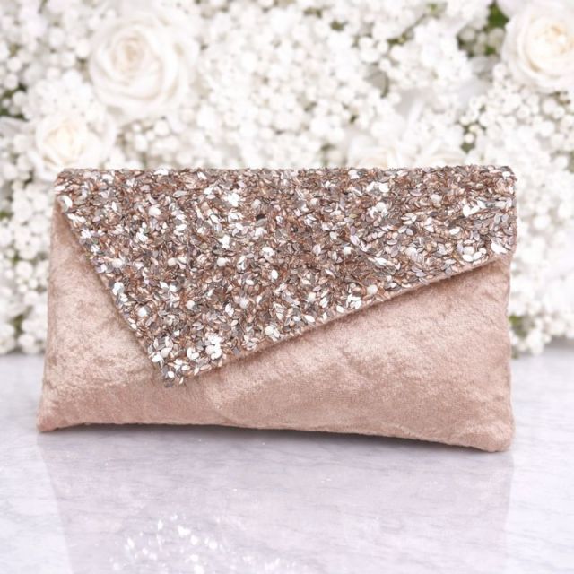 Women’s Beige Velvet Sequin Party Wear Envelope Clutch Bag