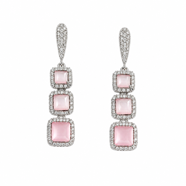 Silver-Plated Pink Stone Triple Drop Earrings with CZ Halo
