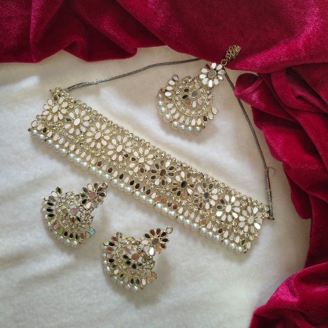 Floral Mirror Pearl Party Wear Choker Set