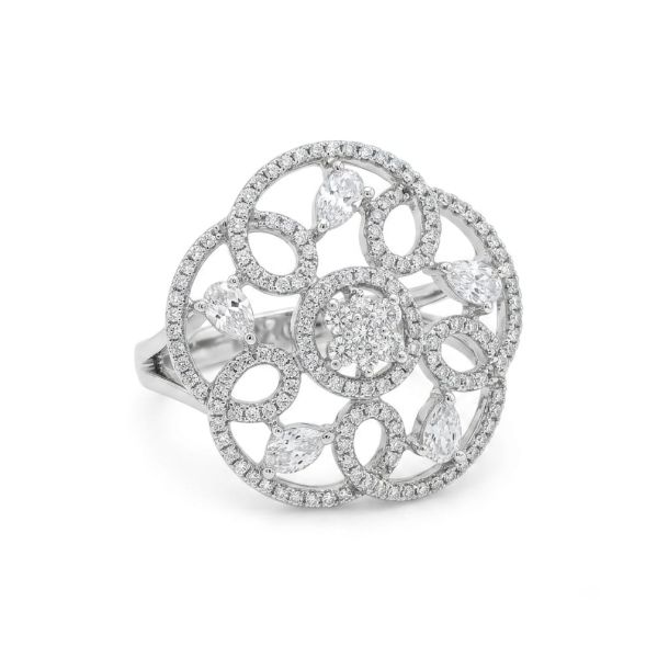 Silver-Tone Floral Crystal Statement Ring for Women