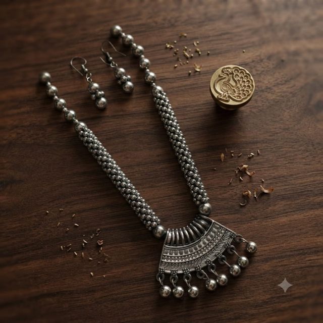 Oxidised Silver Beaded Statement Necklace Set with Earrings