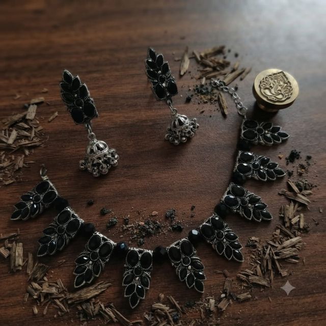 Black Stone Oxidised Statement Necklace Set with Jhumka Earrings