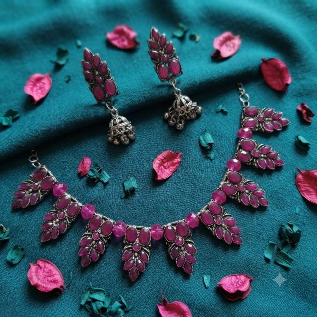 Pink Stone Oxidised Statement Necklace Set with Jhumka Earrings