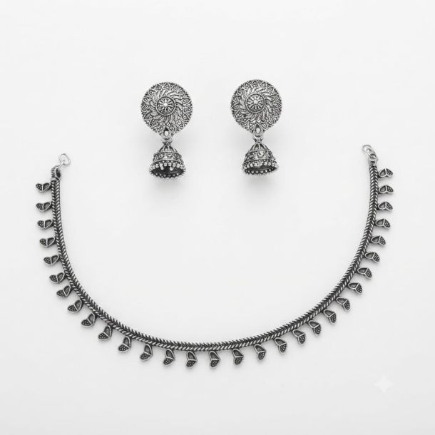 Traditional Oxidised Silver Jewellery Combo Set – Necklace & Jhumka Earrings