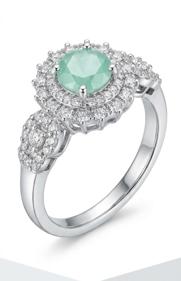 Elegant Green Stone Halo Ring – Silver Finish